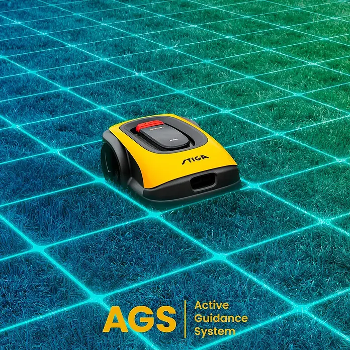 Stiga Mähroboter A750 - 900 m², Schnittbreite: 18 cm, Satellitengestützte Navigation, RTK - Ein gelber Stiga Mähroboter auf einem grünen Rasen mit blauem Rastermuster, der Active Guidance System hervorhebt.