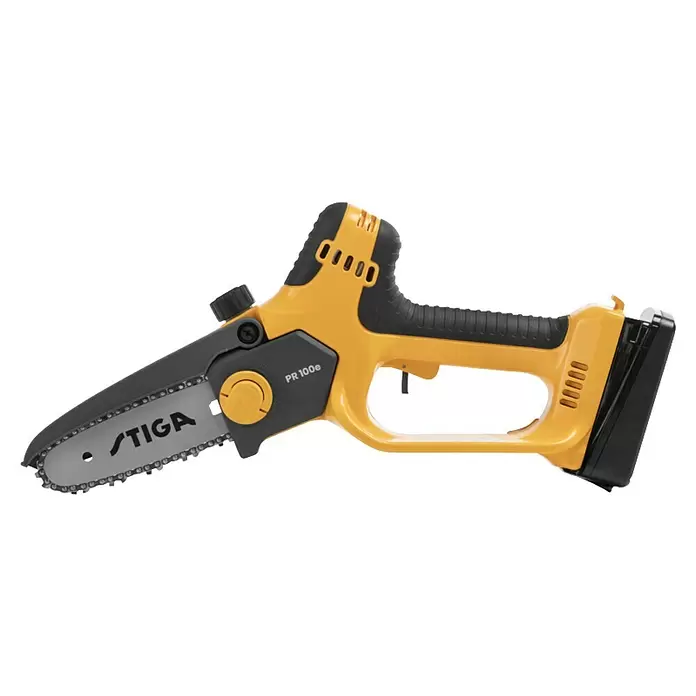 Stiga Akku-Astsäge PR 100e Kit - 20 V, 2 Ah, 1 Akku, Schwertlänge: 12,7 cm - Gelb-schwarze Akku-Mini-Kettensäge mit ergonomischem Griff und sichtbarem „STIGA“-Logo auf der Führungsschiene.