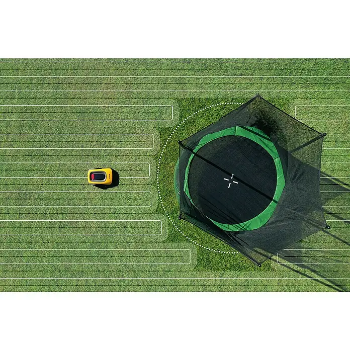 Stiga Mähroboter A750 - 900 m², Schnittbreite: 18 cm, Satellitengestützte Navigation, RTK - Draufsicht eines Rasenmähroboters neben einem Trampolin, der den Rasen präzise mäht. Der Roboter sorgt für einen perfekt gepflegten Garten.
