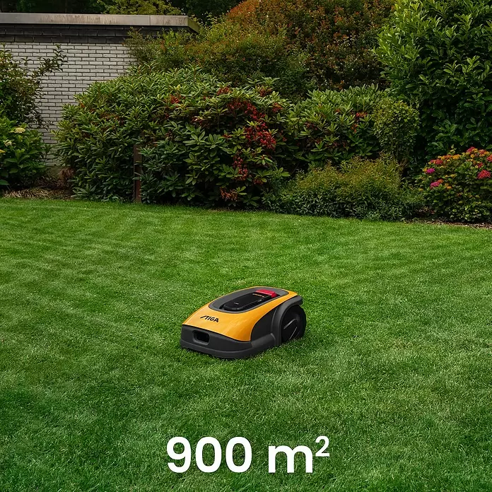 Stiga Mähroboter A750 - 900 m², Schnittbreite: 18 cm, Satellitengestützte Navigation, RTK - Ein gelb-schwarzer STIGA Mähroboter, ideal für Rasenflächen bis 900 m².