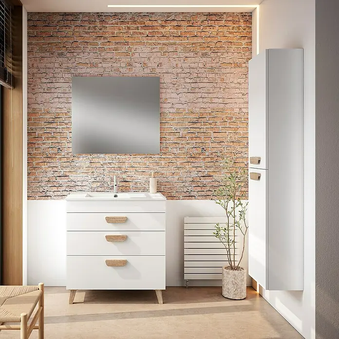 Conjunto de mueble de baño Danubio - Ancho: 120 cm, Blanco, 3 pzs. - Interior de baño con mueble de lavabo blanco, espejo grande, radiador y armario alto de almacenamiento blanco.