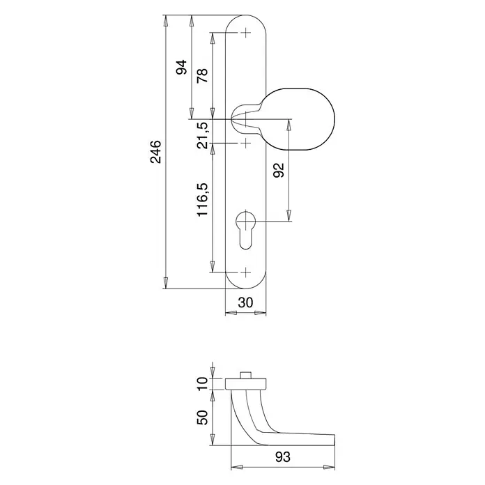 Portaferm Rahmentürdrücker HERA - Aluminium, Silber - Technische Zeichnung eines Türgriffs mit allen Maßen. Das Produkt ist ein Türgriff mit einer ovalen Rosette und einem gebogenen Griff.