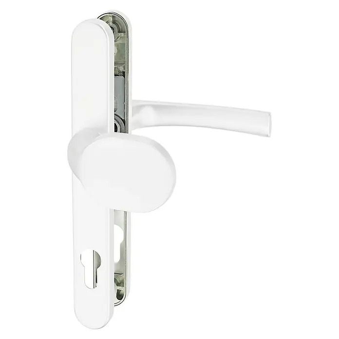 Portaferm Rahmentürdrücker HERA - Aluminium, Silber - Nahaufnahme eines weißen Türgriffs mit Schlüsselrosette, der ein modernes und funktionales Design aufweist.