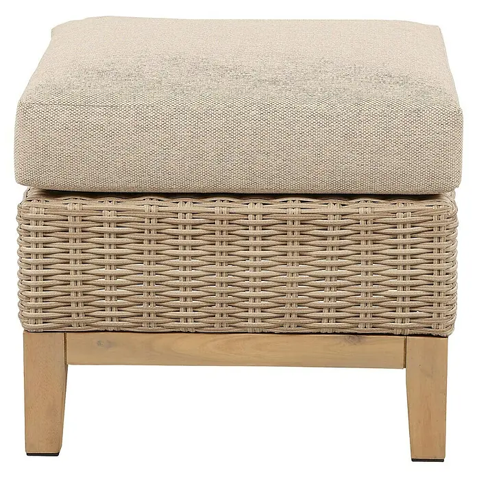 Sunfun Conjunto de muebles Lola - 6 pzs., Ratán sintético/Madera de acacia, Marrón - Un elegante otomano cuadrado con tapicería beige y base de ratán tejido sobre un marco de madera.