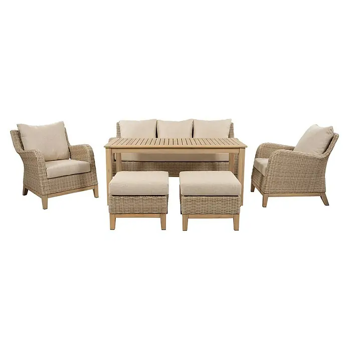 Sunfun Conjunto de muebles Lola - 6 pzs., Ratán sintético/Madera de acacia, Marrón - Juego de muebles de jardín de ratán con dos sillones, sofá, mesa y otomanas con cojines beige, ideal para la relajación al aire libre. Estilo y confort.