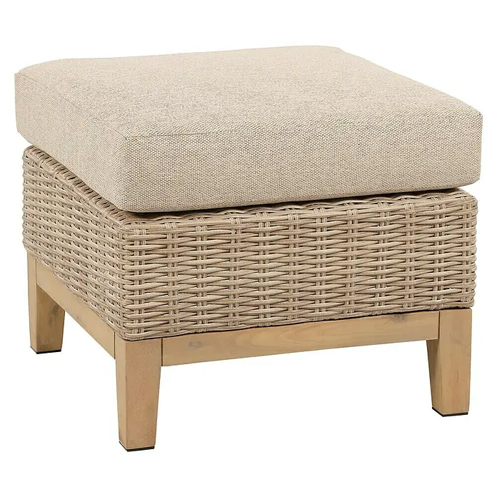 Sunfun Conjunto de muebles Lola - 6 pzs., Ratán sintético/Madera de acacia, Marrón - Este elegante otomano ofrece una opción de asiento cómoda con su suave cojín y base tejida sobre patas de madera.