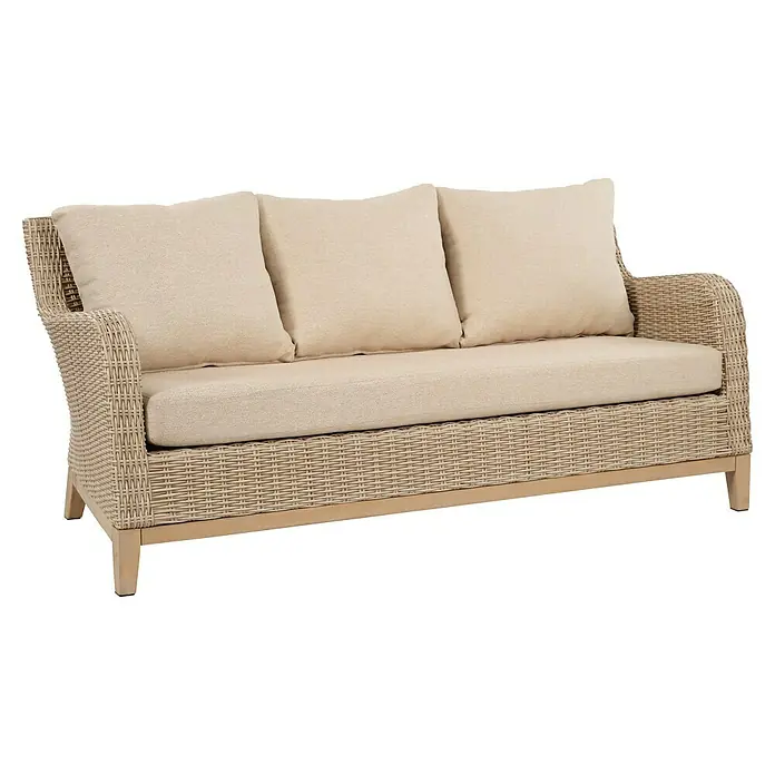 Sunfun Conjunto de muebles Lola - 6 pzs., Ratán sintético/Madera de acacia, Marrón - Esta imagen muestra un elegante sofá de ratán con cojines cómodos, ideal para el jardín o el patio para disfrutar de momentos de relajación al aire libre.