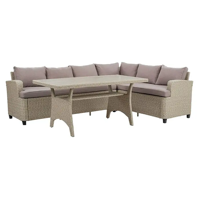 Sunfun Conjunto de muebles Namsted - 3 pzs., Ratán sintético/Acero, Beige - Elegante conjunto de salón con mesa: Este moderno conjunto de muebles de jardín de ratán invita a relajarse al aire libre, ofreciendo confort y funcionalidad.