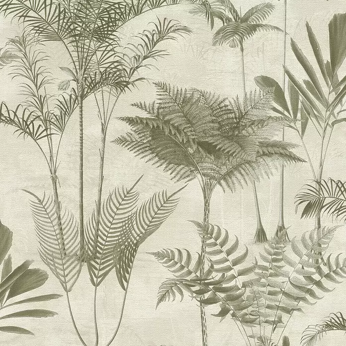 Rasch Lirico Fototapete Palme - Grün- Gold, Vlies - Olivgrüne tropische Pflanzen-Tapete mit Palmen- und Farnmotiven.