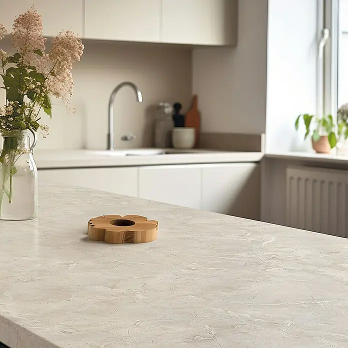 Lámina decorativa autoadhesiva vinílico para encimera - 65 x 200 cm, Remo - Encimera de cocina ligera con un posavasos de madera en forma de flor y un jarrón con flores, creando un ambiente acogedor y moderno.