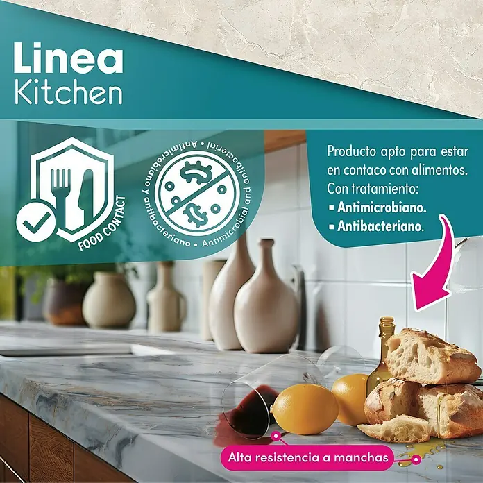 Lámina decorativa autoadhesiva vinílico para encimera - 65 x 200 cm, Remo - Imagen de una encimera de cocina Linea Kitchen, antimicrobiana y antibacteriana, con alta resistencia a las manchas.