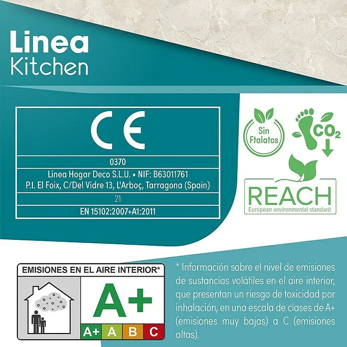 Lámina decorativa autoadhesiva vinílico para encimera - 65 x 200 cm, Remo - Etiqueta del producto Linea Kitchen con marca CE, certificación REACH y clase de emisión A+ para la calidad del aire interior.