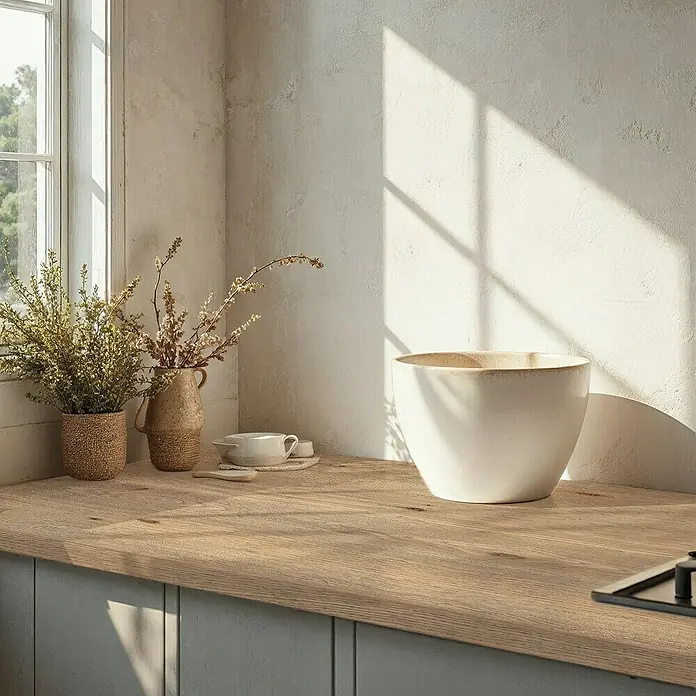 Lámina decorativa autoadhesiva vinílico para encimera - 65 x 200 cm, Oak - Primer plano de una encimera de cocina rústica con un bol grande, plantas y vajilla con luz suave.