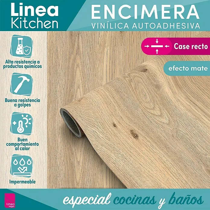 Lámina decorativa autoadhesiva vinílico para encimera - 65 x 200 cm, Oak - Imagen de una encimera vinílica autoadhesiva Linea Kitchen con aspecto de madera, ideal para cocinas y baños.