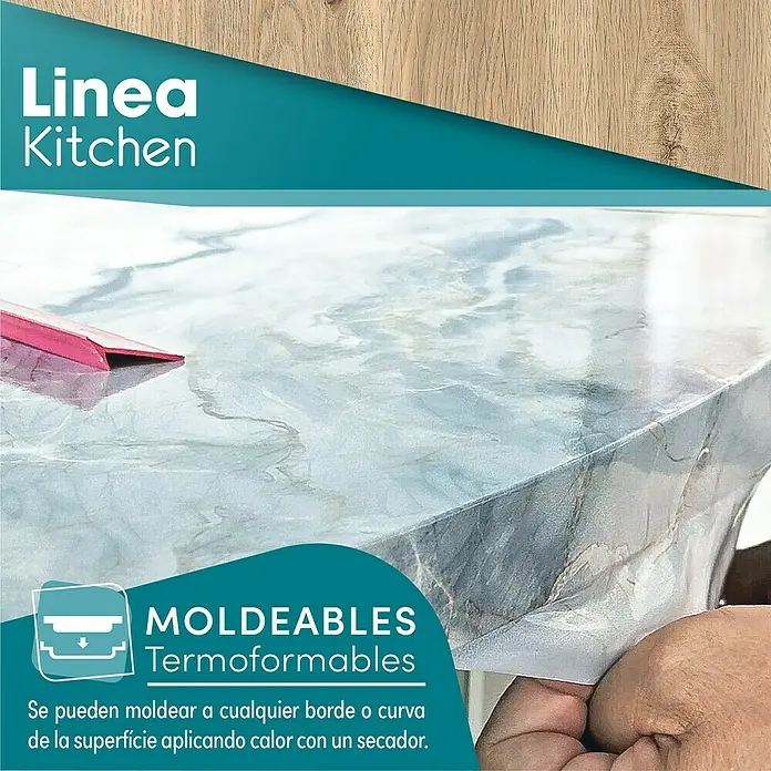 Lámina decorativa autoadhesiva vinílico para encimera - 65 x 200 cm, Oak - Linea Kitchen: Los elementos de cocina moldeables y termoformables se adaptan a cualquier borde o curva aplicando calor con un secador.