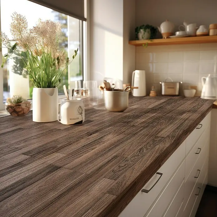 Lámina decorativa autoadhesiva vinílico para encimera - 65 x 200 cm, Tromso nuez - Primer plano de una encimera de cocina de aspecto madera que agrega calidez y un ambiente acogedor al espacio.