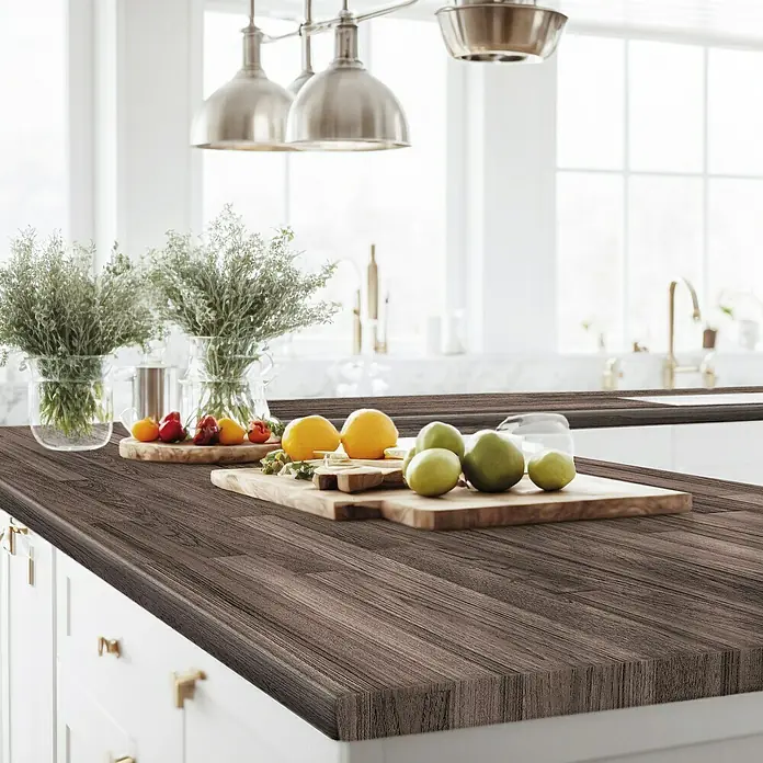 Lámina decorativa autoadhesiva vinílico para encimera - 65 x 200 cm, Tromso nuez - Primer plano de una encimera de cocina con textura de madera, adornada con frutas, hierbas y tabla de cortar rústica.