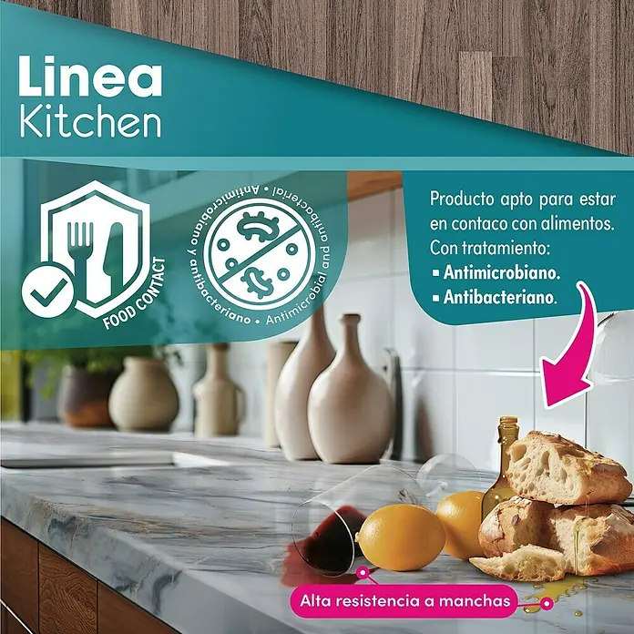 Lámina decorativa autoadhesiva vinílico para encimera - 65 x 200 cm, Tromso nuez - La imagen muestra superficies de Linea Kitchen aptas para alimentos, antimicrobianas y altamente resistentes a las manchas.