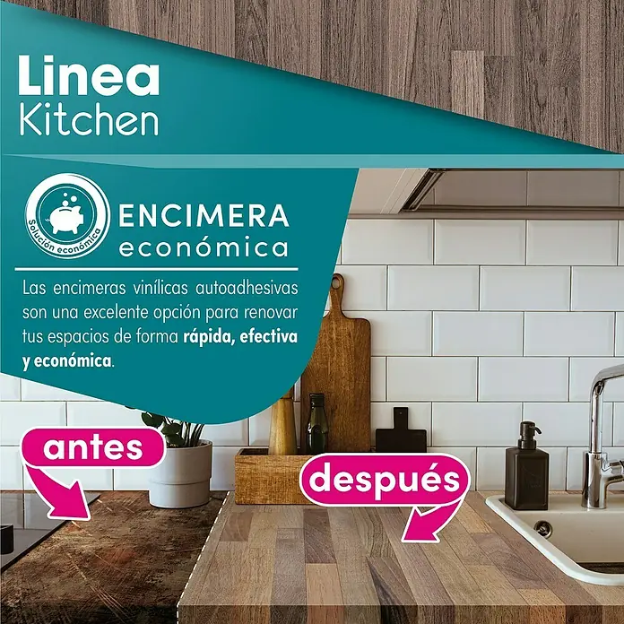Lámina decorativa autoadhesiva vinílico para encimera - 65 x 200 cm, Tromso nuez - Encimeras de vinilo autoadhesivas para una renovación de cocina rápida y económica. Comparación antes y después.