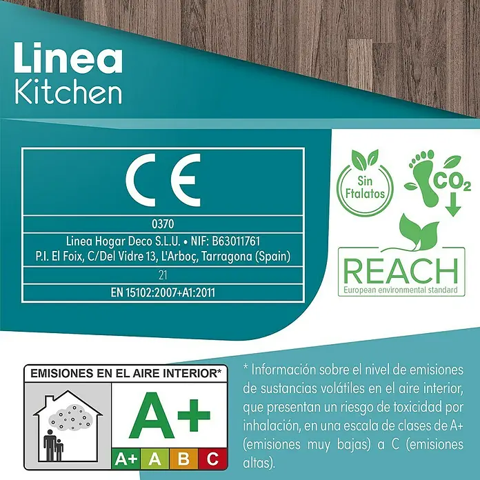 Lámina decorativa autoadhesiva vinílico para encimera - 65 x 200 cm, Tromso nuez - Producto ecológico Linea Kitchen: marca CE, estándar REACH, clase de emisión A+ y sin ftalatos para un ambiente interior saludable.