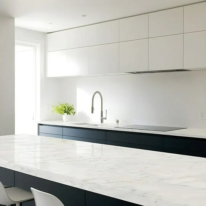 Lámina decorativa autoadhesiva vinílico para encimera - 65 x 200 cm, Greco - Diseño de cocina elegante con armarios superiores blancos, armarios inferiores oscuros y encimera de mármol. Grifo de cocina de acero inoxidable.