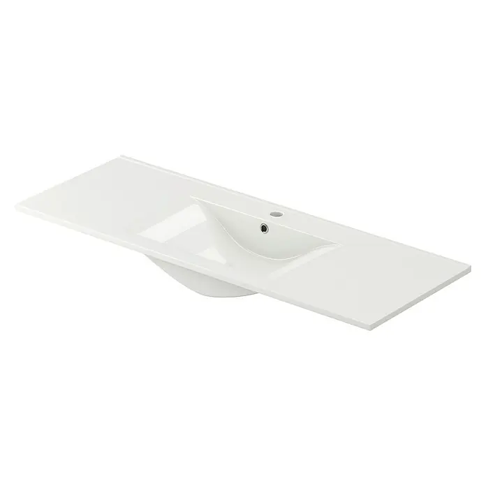 Conjunto de mueble de baño Inglet - Ancho: 120 cm, Roble garriga, Número de cajones: 2 ud., 3 pzs. - Una encimera de lavabo moderna y blanca con un lavabo integrado, que muestra un diseño minimalista. Ideal para un baño elegante.