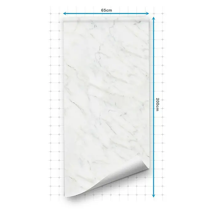 Lámina decorativa autoadhesiva vinílico para encimera - 65 x 200 cm, Greco - Imagen de un papel de contacto de mármol con dimensiones de 65 cm x 200 cm, parcialmente desenrollado para mostrar el soporte autoadhesivo.