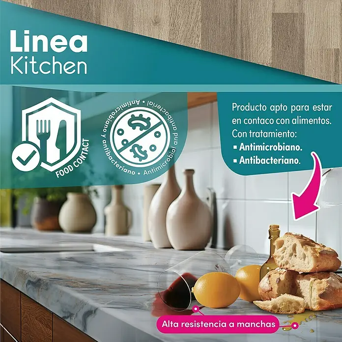 Lámina decorativa autoadhesiva vinílico para encimera - 65 x 200 cm, Lulela nuez - La imagen muestra una superficie "Linea Kitchen", destacando su resistencia a las manchas, propiedades antimicrobianas y antibacterianas, segura para el contacto con alimentos.