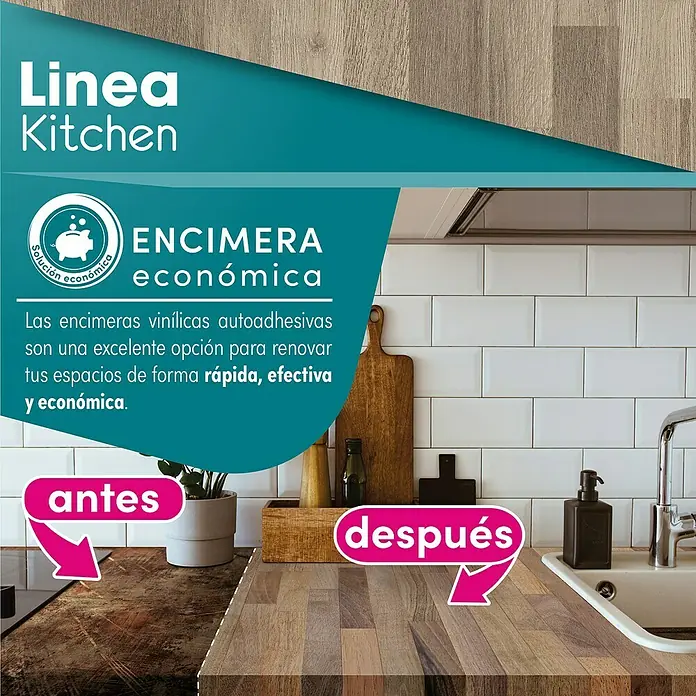 Lámina decorativa autoadhesiva vinílico para encimera - 65 x 200 cm, Lulela nuez - Encimera de cocina antes y después de la renovación con film vinílico autoadhesivo.