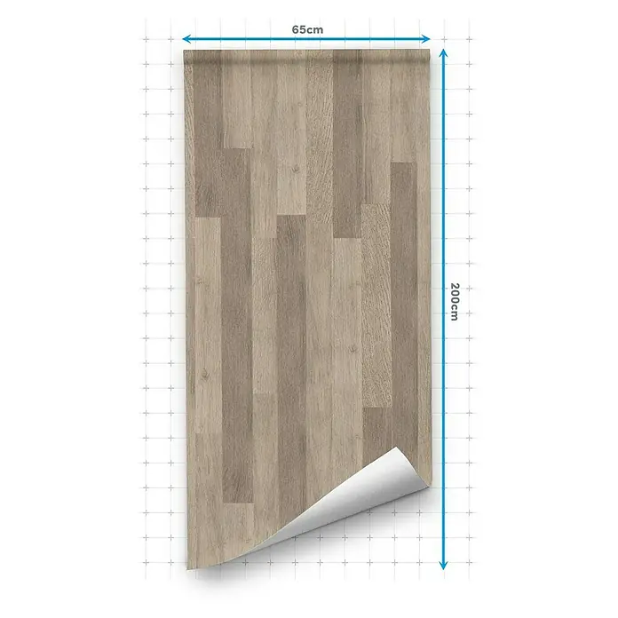 Lámina decorativa autoadhesiva vinílico para encimera - 65 x 200 cm, Lulela nuez - Imagen de un panel posterior de cocina con estructura de madera que mide 65 cm de ancho y 200 cm de alto. Este panel protector añade un toque de calidez.