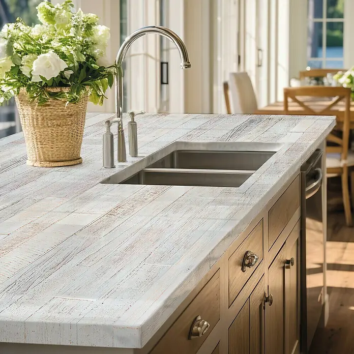 Lámina decorativa autoadhesiva vinílico para encimera - 65 x 200 cm, Saloon - Una cocina moderna con una encimera de madera clara reciclada única y un fregadero doble de acero inoxidable.