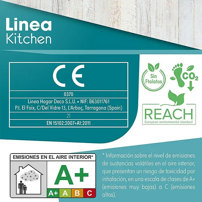 Lámina decorativa autoadhesiva vinílico para encimera - 65 x 200 cm, Saloon - Imagen de un producto Linea Kitchen con marcado CE, sello REACH y calificación A+ de emisiones interiores.