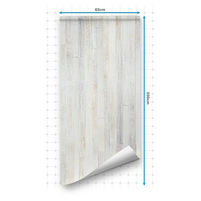 Lámina decorativa autoadhesiva vinílico para encimera - 65 x 200 cm, Saloon - Imagen de un rollo de papel pintado de 65 cm x 200 cm con un patrón de madera blanca, ideal para una decoración de pared interior elegante.