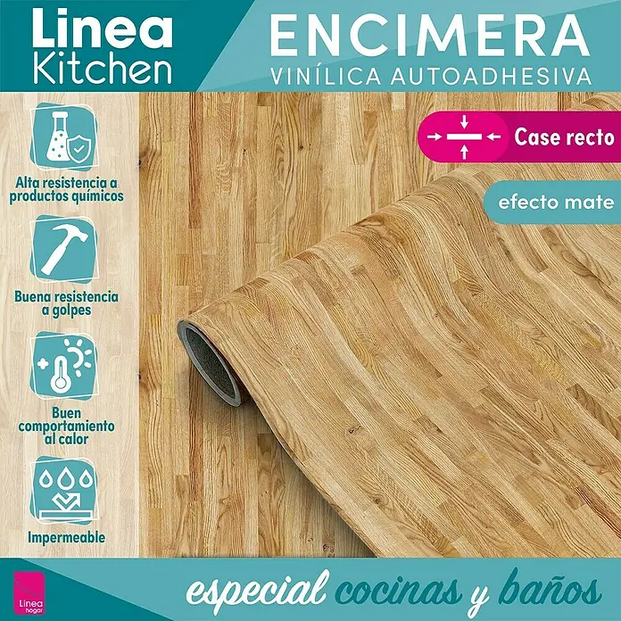 Lámina decorativa autoadhesiva vinílico para encimera - 65 x 200 cm, Malmo natural - Imagen de una encimera de vinilo autoadhesiva con aspecto de madera con las inscripciones "Linea Kitchen", "Encinera" y las características del producto.