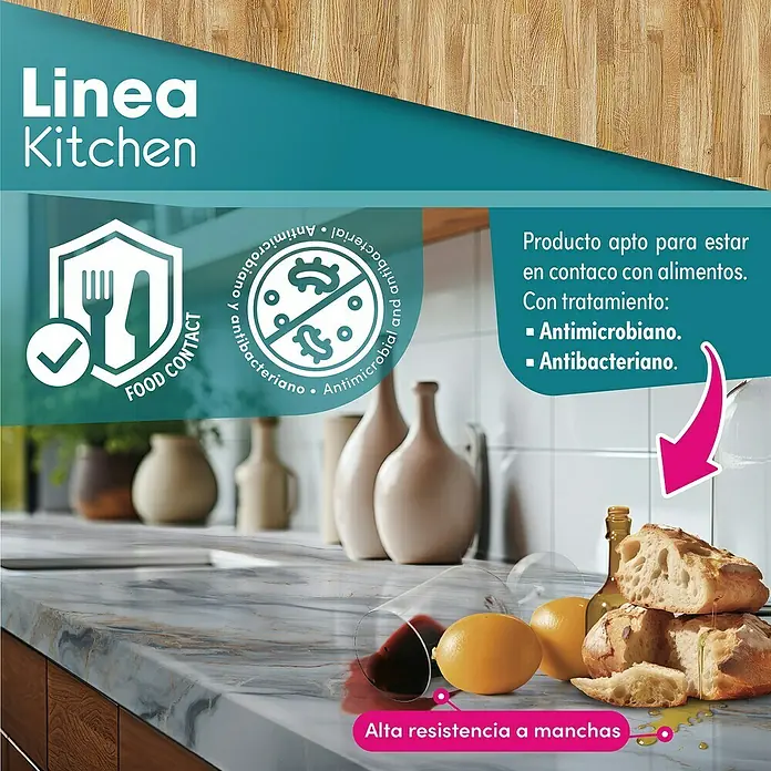 Lámina decorativa autoadhesiva vinílico para encimera - 65 x 200 cm, Malmo natural - Imagen de una encimera de cocina con el producto Linea Kitchen, resistente a las manchas y apto para el contacto con alimentos.