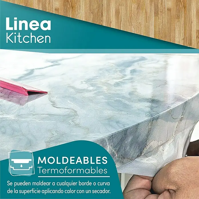 Lámina decorativa autoadhesiva vinílico para encimera - 65 x 200 cm, Malmo natural - La imagen muestra la lámina termoformable "Linea Kitchen", moldeable a cualquier borde/curva aplicando calor. Ideal para personalizar cocinas.