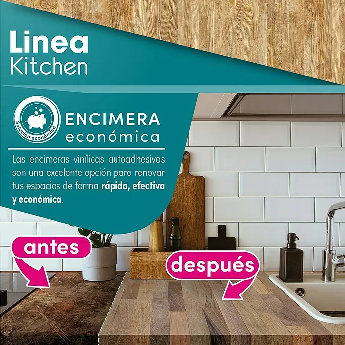 Lámina decorativa autoadhesiva vinílico para encimera - 65 x 200 cm, Malmo natural - Imagen de encimeras de cocina de vinilo autoadhesivas de la marca Linea Kitchen, que son una opción de renovación económica.