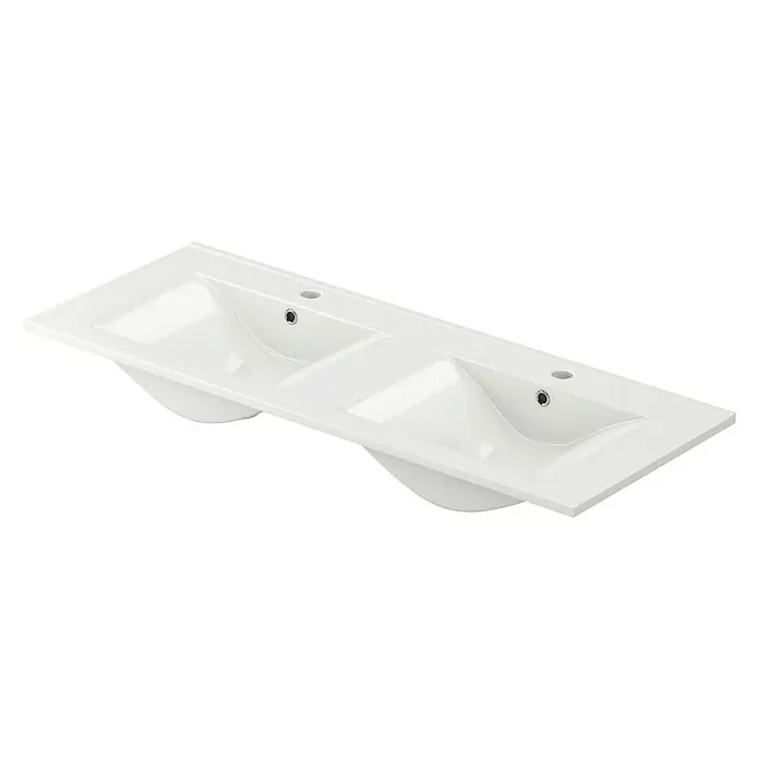 Conjunto de mueble de baño - Roble boreal, 3 pzs. - Mueble bajo lavabo doble con cerámica blanca brillante, protección contra el desbordamiento y orificio para grifo.
