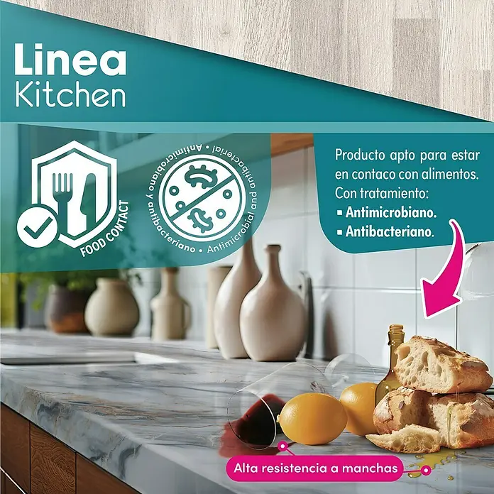 Lámina decorativa autoadhesiva vinílico para encimera - 65 x 200 cm, Lulela class - Imagen de una encimera de cocina "Linea Kitchen" con resistencia a las manchas y superficie antimicrobiana, apta para el contacto con alimentos.