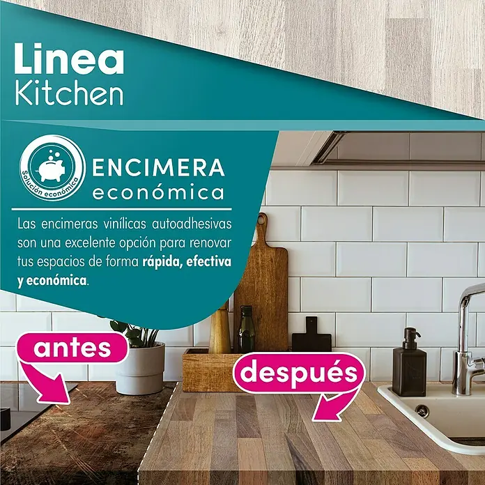 Lámina decorativa autoadhesiva vinílico para encimera - 65 x 200 cm, Lulela class - Imagen muestra una cocina con encimeras de vinilo autoadhesivas, una excelente opción para renovar de forma rápida y económica.