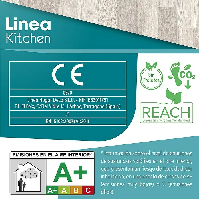 Lámina decorativa autoadhesiva vinílico para encimera - 65 x 200 cm, Lulela class - Etiquetas ambientales del producto Linea Kitchen, incluyendo el marcado CE, la certificación REACH y la clase de emisión A+ en interiores.