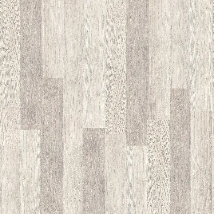 Lámina decorativa autoadhesiva vinílico para encimera - 65 x 200 cm, Lulela class - Laminado claro con aspecto de madera. El suelo consta de paneles alargados de color gris claro con vetas sutiles.