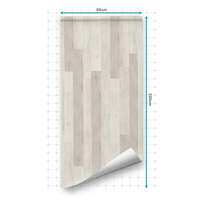 Lámina decorativa autoadhesiva vinílico para encimera - 65 x 200 cm, Lulela class - Un rollo de papel pintado con aspecto de madera clara está parcialmente desenrollado sobre una cuadrícula. El papel pintado mide 65x200cm.