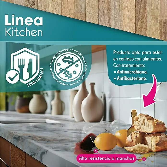 Lámina decorativa autoadhesiva vinílico para encimera - 65 x 200 cm, Triberg - Encimera de cocina "Linea Kitchen" con alta resistencia a las manchas y tratamiento antimicrobiano/antibacteriano, ideal para el contacto con alimentos.
