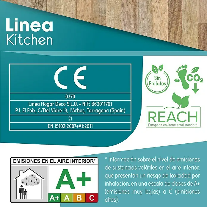Lámina decorativa autoadhesiva vinílico para encimera - 65 x 200 cm, Triberg - Imagen de un producto Linea Kitchen con etiquetas ecológicas que destacan su composición libre de contaminantes y bajas emisiones.