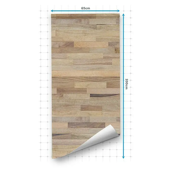 Lámina decorativa autoadhesiva vinílico para encimera - 65 x 200 cm, Triberg - Imagen del producto de una lámina con aspecto de madera de 200 cm x 65 cm con dimensiones, ideal para decorar muebles y paredes.