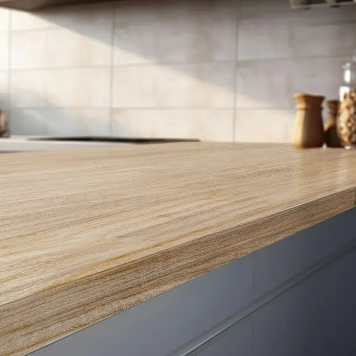 Lámina decorativa autoadhesiva vinílico para encimera - 65 x 200 cm, Bergen class - Primer plano de una encimera de madera clara en una cocina, mostrando la textura y el color de la madera. El fregadero de la cocina está borroso al fondo.