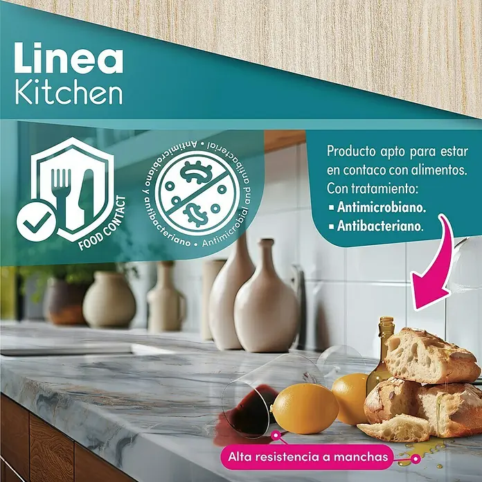 Lámina decorativa autoadhesiva vinílico para encimera - 65 x 200 cm, Bergen class - La imagen muestra un producto de cocina con superficie antibacteriana, apto para el contacto con alimentos y alta resistencia a las manchas.