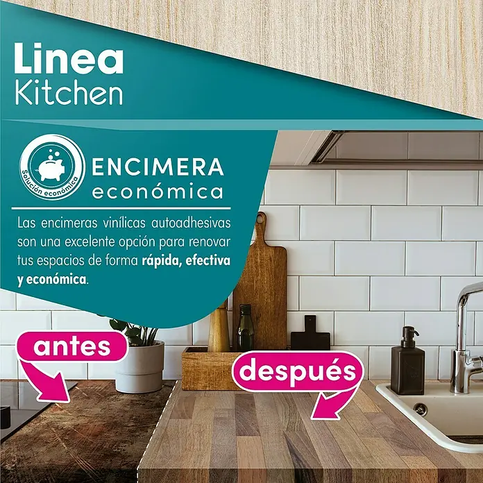 Lámina decorativa autoadhesiva vinílico para encimera - 65 x 200 cm, Bergen class - Comparación de encimeras de cocina: rústica antes, moderna después. Opción de vinilo autoadhesivo para una renovación rápida y rentable.