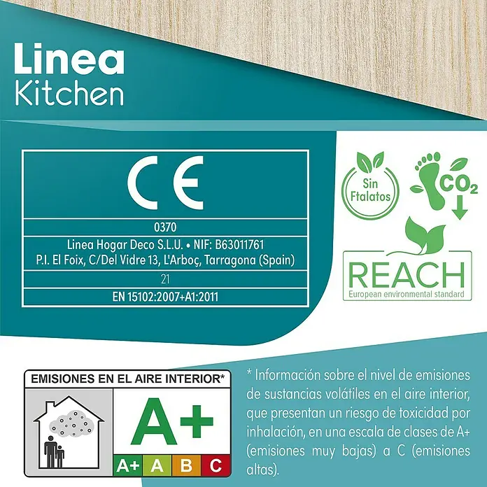 Lámina decorativa autoadhesiva vinílico para encimera - 65 x 200 cm, Bergen class - La imagen muestra una etiqueta de producto Linea Kitchen con ecoetiquetas, marcado CE y clase de emisión A+.
